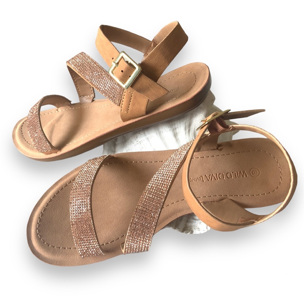 Vegan Leather Faux Rose Gold Rhinestone Detail Side Buckle Sandals - Picture 8 of 10